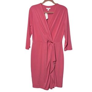 Charter Club Women's Rapture Rose Sheath Dress 3/4 Sleeve Faux-Wrap Dress Large